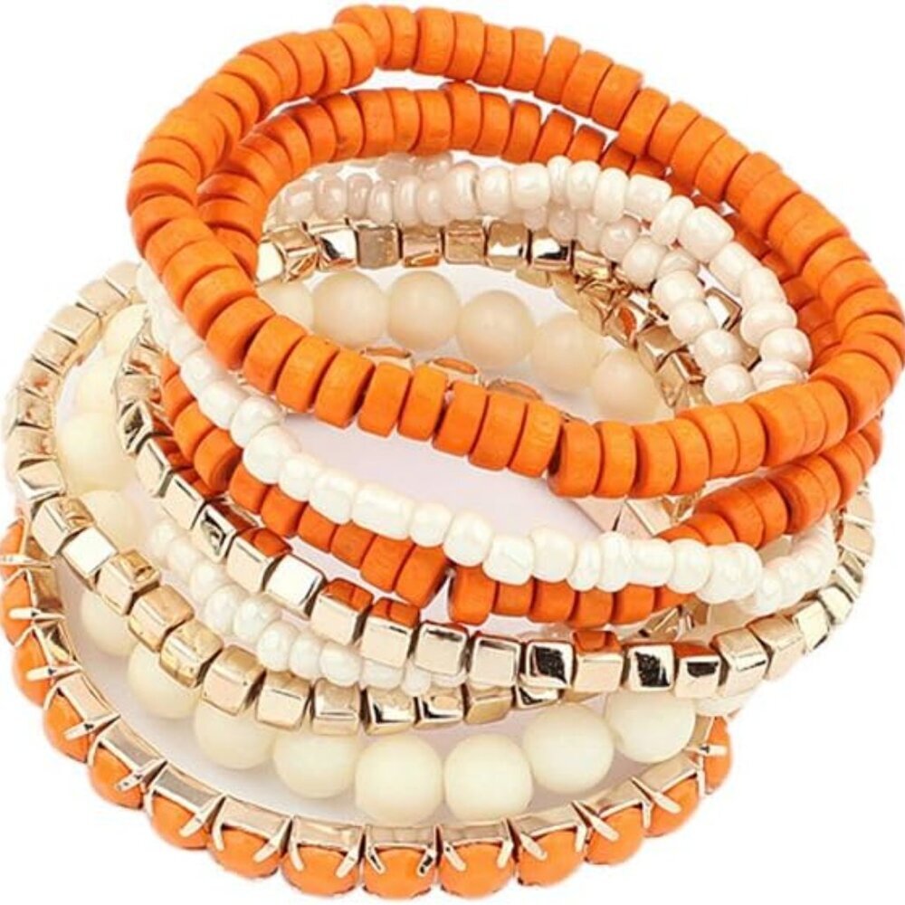 Bohemian Beads Cube Multi Strand Stretch Stackable Bangle Bracelet Set